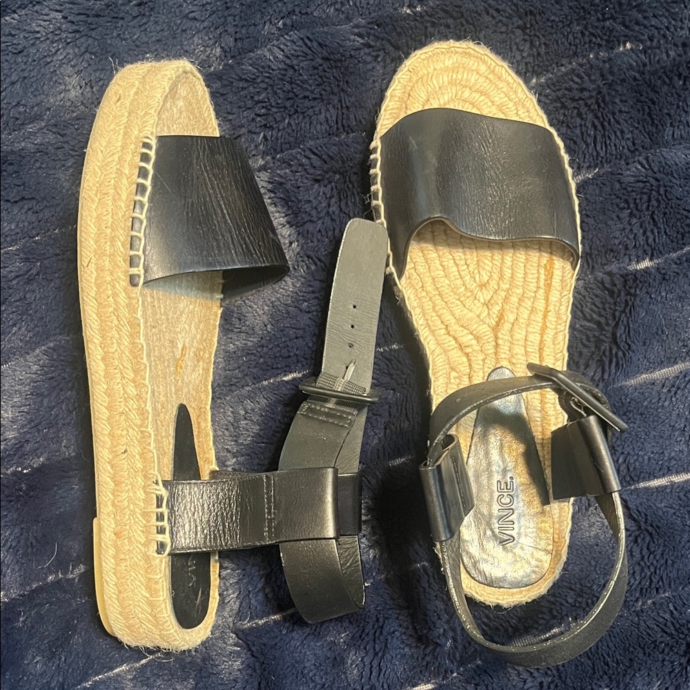 Vince Black Leather Espadrille Sandals